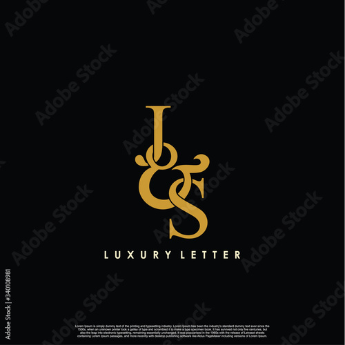 Initial letter J & S JS luxury art vector mark logo, gold color on black background.