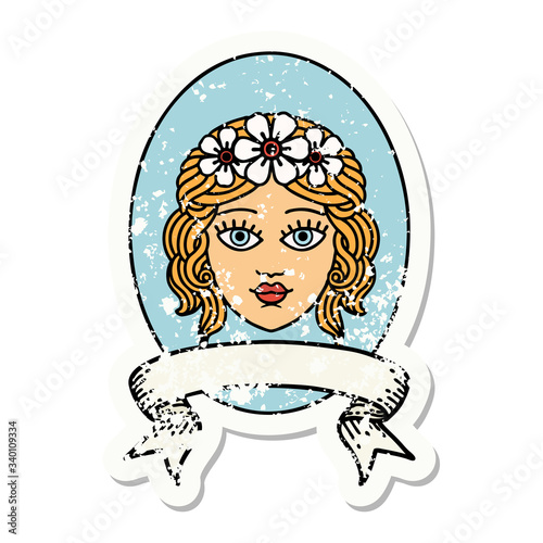 grunge sticker with banner of a maiden with crown of flowers