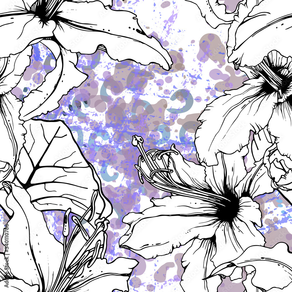 Fototapeta premium Floral Black White Pattern. Modern Watercolor