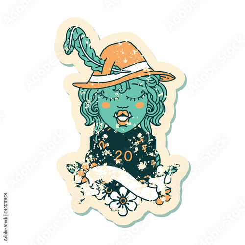 singing half orc bard character with natural twenty dice roll illustration