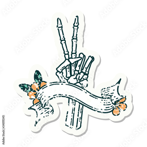 grunge sticker with banner of a skeleton hand giving a peace sign