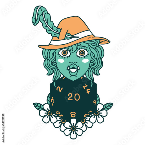 half orc bard with natural twenty dice roll  illustration