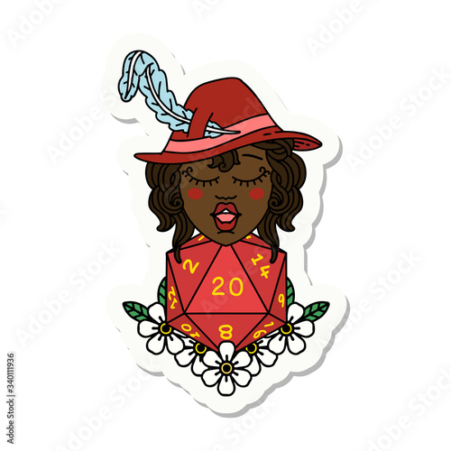 human bard with natural 20 dice roll sticker