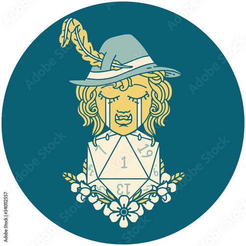 sad half orc bard character with natural one d20 roll illustration