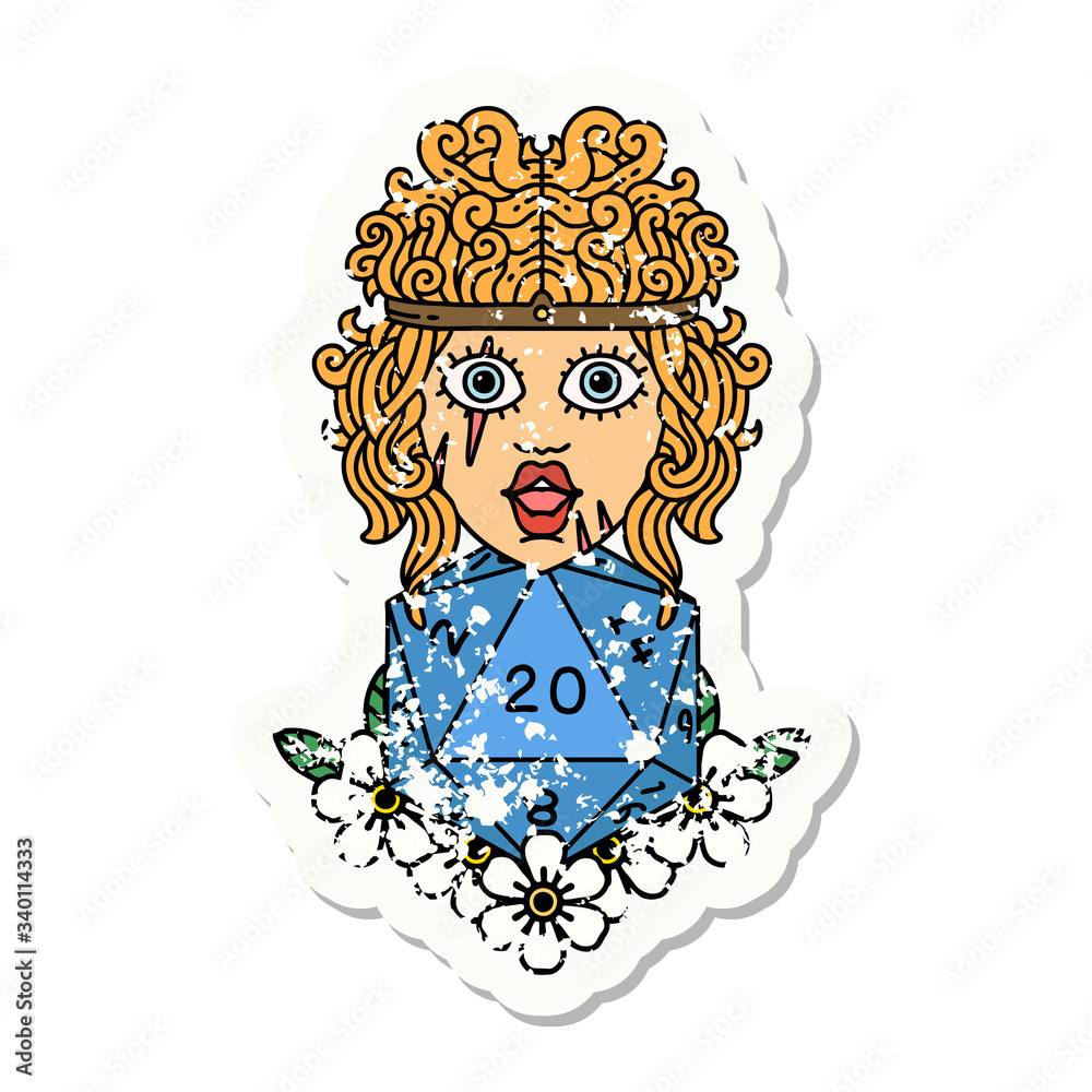 human barbarian with natural twenty dice roll grunge sticker human barbarian with natural twenty dice roll grunge sticker