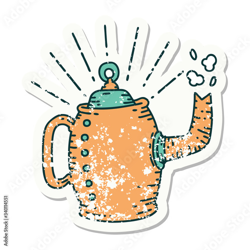 grunge sticker of tattoo style old coffee pot steaming