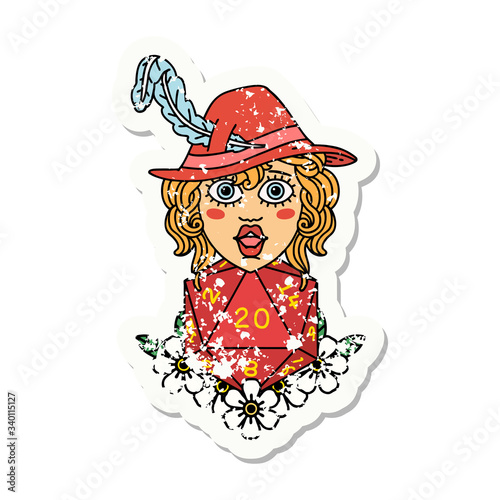 human bard with natural 20 dice roll grunge sticker