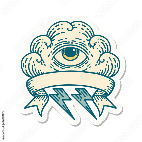 tattoo sticker with banner of an all seeing eye cloud