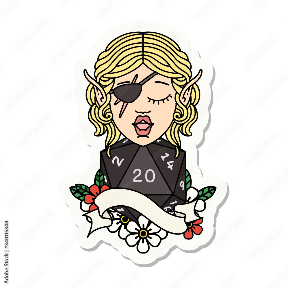 elf rogue character with natural twenty dice roll sticker
