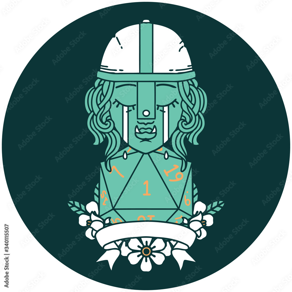crying orc fighter character with natural one D20 roll icon crying orc fighter character with natural one D20 roll icon