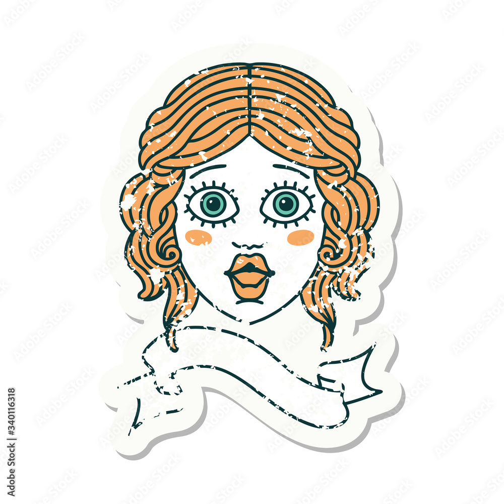 grunge sticker with banner of female face grunge sticker with banner of female face