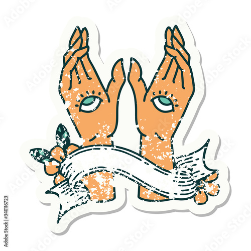 grunge sticker with banner of mystic hands