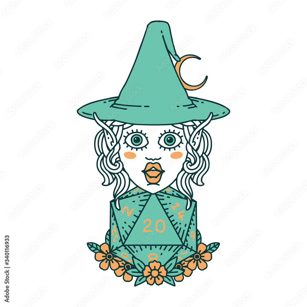 elf mage character with natural twenty dice roll illustration elf mage character with natural twenty dice roll illustration