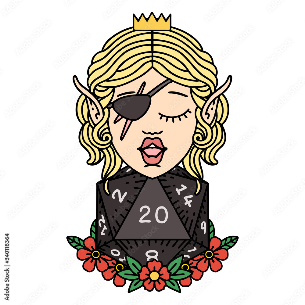elf rogue character with natural twenty dice roll illustration