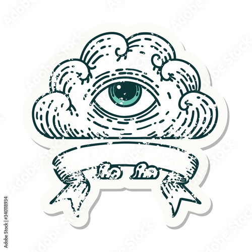 grunge sticker with banner of an all seeing eye cloud
