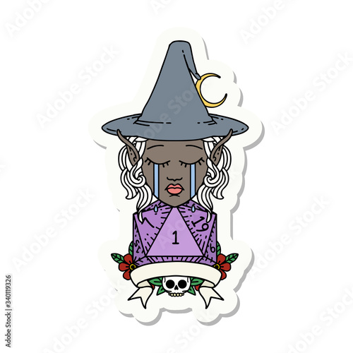 crying elf mage character with natural one dice roll sticker