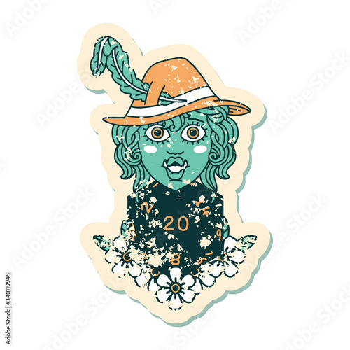 half orc bard with natural twenty dice roll  illustration