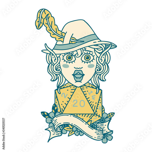 elf bard with natural twenty dice roll illustration