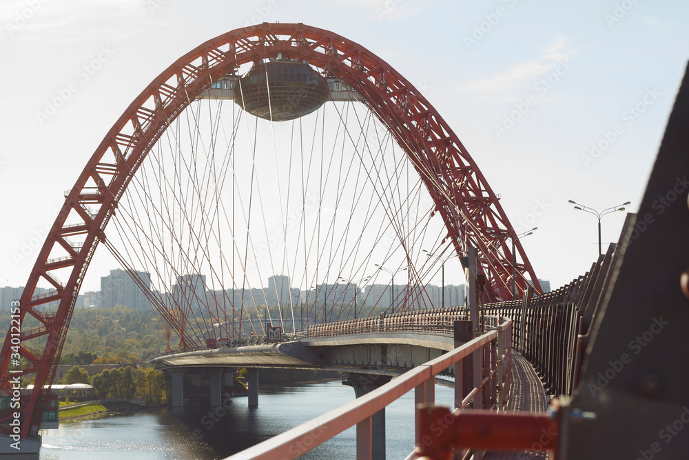 Fototapeta premium Russia, Moscow. Picturesque bridge - arch, steel cable-stayed bridge across the Moscow river