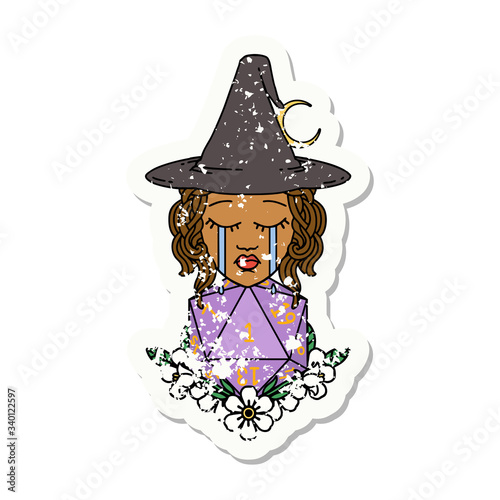 crying human witch with natural one D20 dice roll illustration