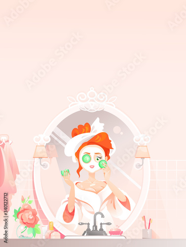 Redhead Women with Towel on Head Applying Natural Homemade Facial Mask with Slices of Cucumber near the Mirror. Girl Make Self Care and Problem Skin Treatment Procedures at Home vector illustration
