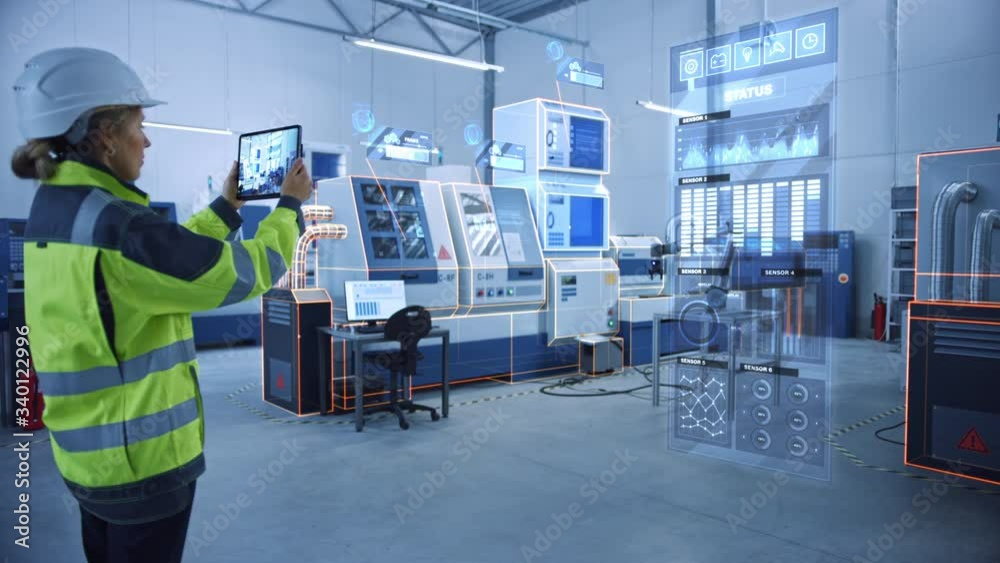 Industry 4.0 Factory: Female Engineer Uses Digital Tablet Computer with Augmented Reality Software to Connect with High-Tech CNC Machinery and Visualize Maintenance and Diagnostics of the Equipment