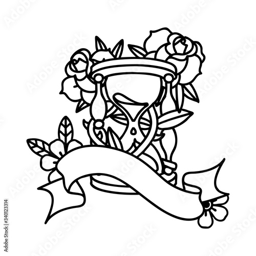 black linework tattoo with banner of an hour glass and flowers