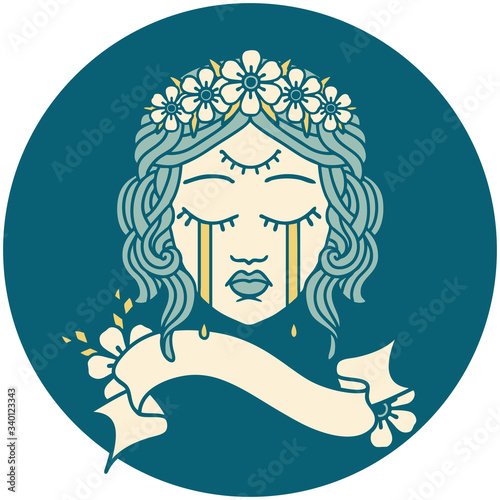 icon with banner of female face crying with third eye