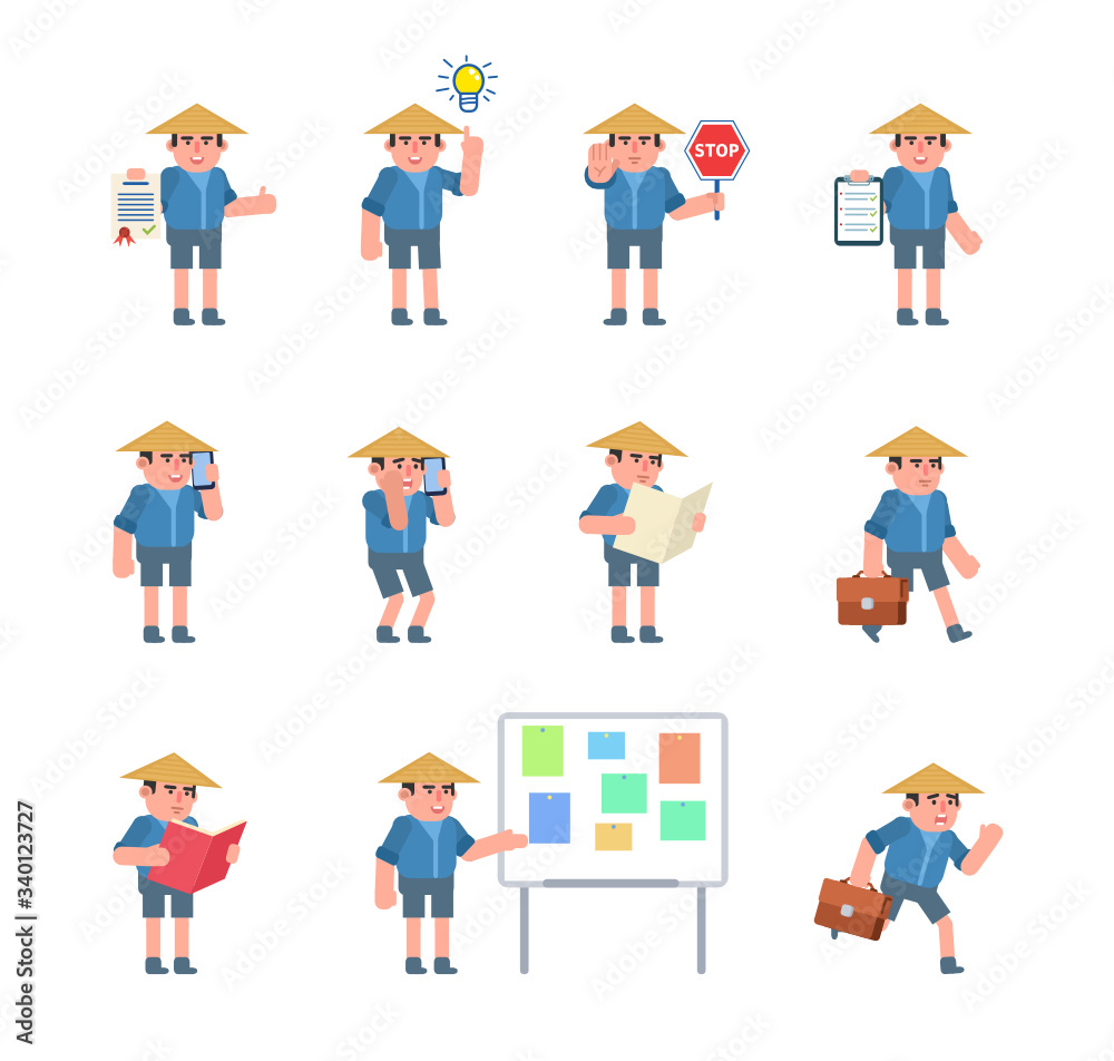 Set of asian farmer characters showing various poses. Chinese farmer holding stop sign, document, talking on phone, pointing to idea, running and showing other actions. Flat design vector illustration