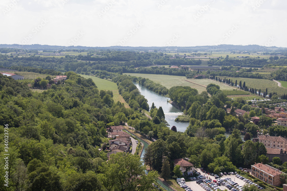 Panoramic view of Mincio river, Veneto, Italy.