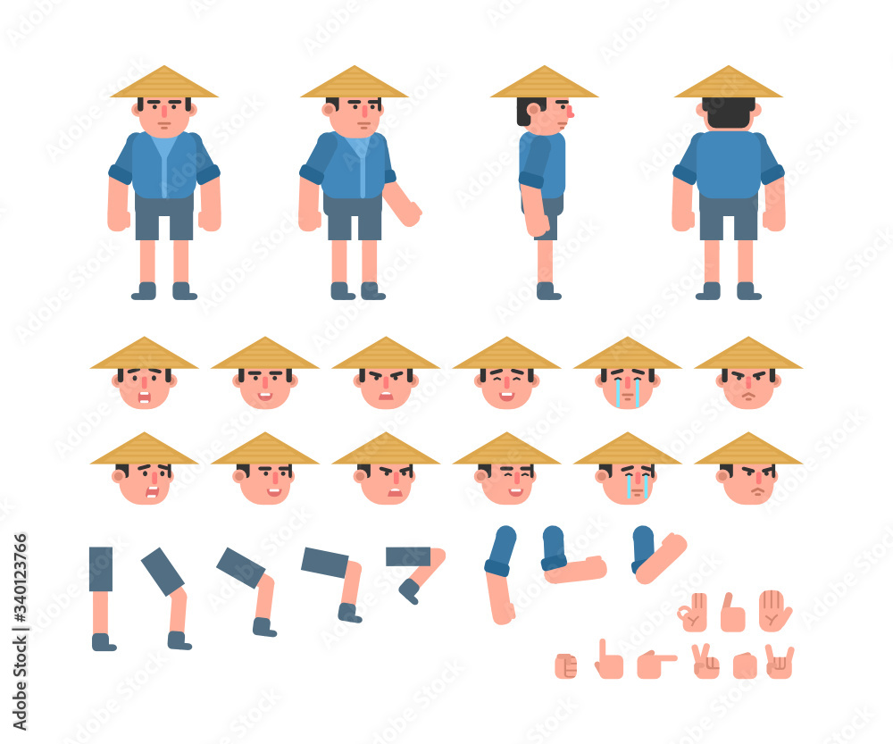Young asian farmer creation kit. Create your own pose or animation. Flat design vector illustration Young asian farmer creation kit. Create your own pose or animation. Flat design vector illustration