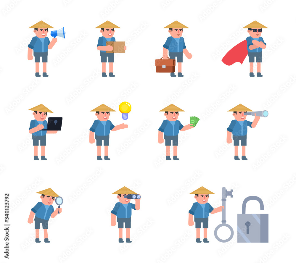 Set of young asian farmer characters showing various poses. Young farmer holding megaphone, big key, laptop, idea and showing other actions. Flat design vector illustration