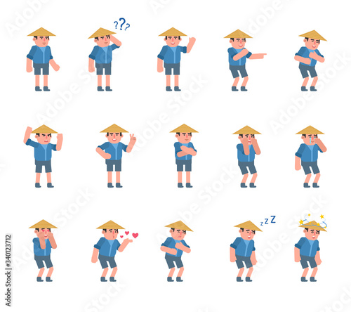 Set of asian farmer characters showing various emotions. Chinese farmer crying, laughing, happy, tired, angry and showing other expressions. Flat design vector illustration
