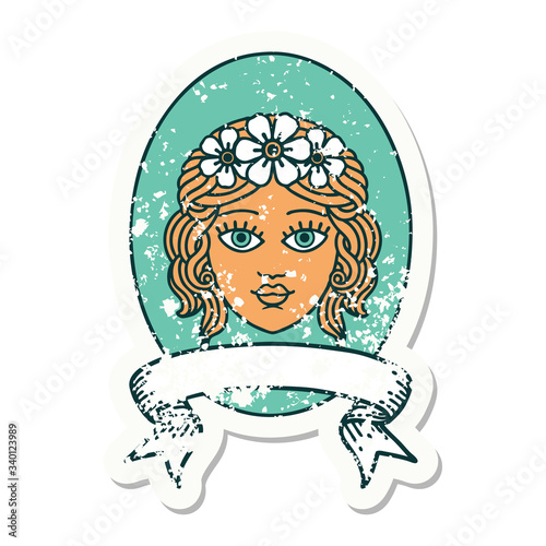 grunge sticker with banner of a maiden with crown of flowers