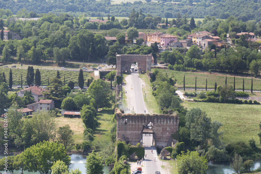 Aerial view of Visconti bridge in Valeggio sul Mincio, Veneto, Italy.