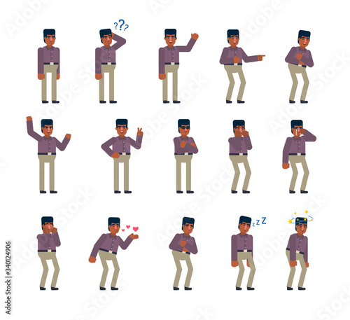 Black man showing various emotions set. Businessman crying, laughing, tired, suprised and showing other expressions. Flat design vector illustration