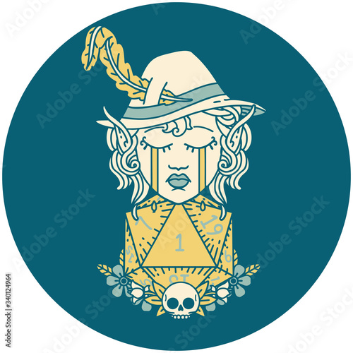 crying elf bard character with natural one D20 roll illustration
