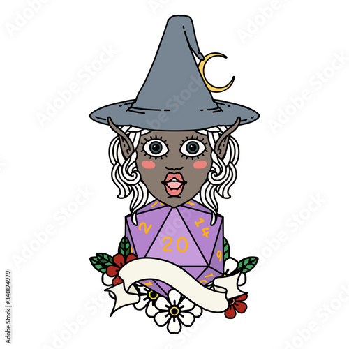 elf mage character with natural twenty dice roll illustration
