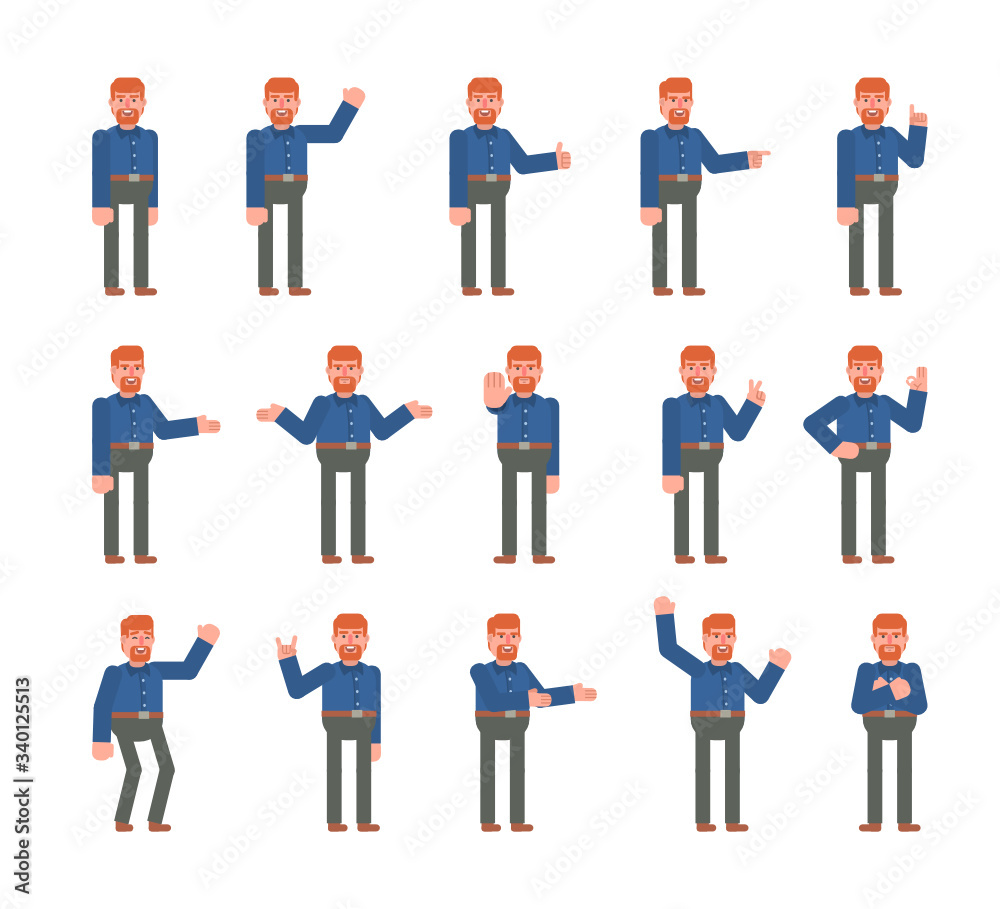 Businessman showing various hand gestures set. Cheerful man pointing, greeting, showing thumb up, victory sign and other gestures. Flat design vector illustration