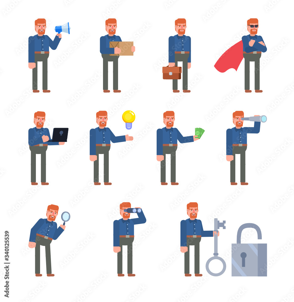 Ginger haired man showing various actions. Businessman holding loudspeaker, parcel box, laptop, spyglass, pointing to idea and showing other actions. Flat design vector illustration