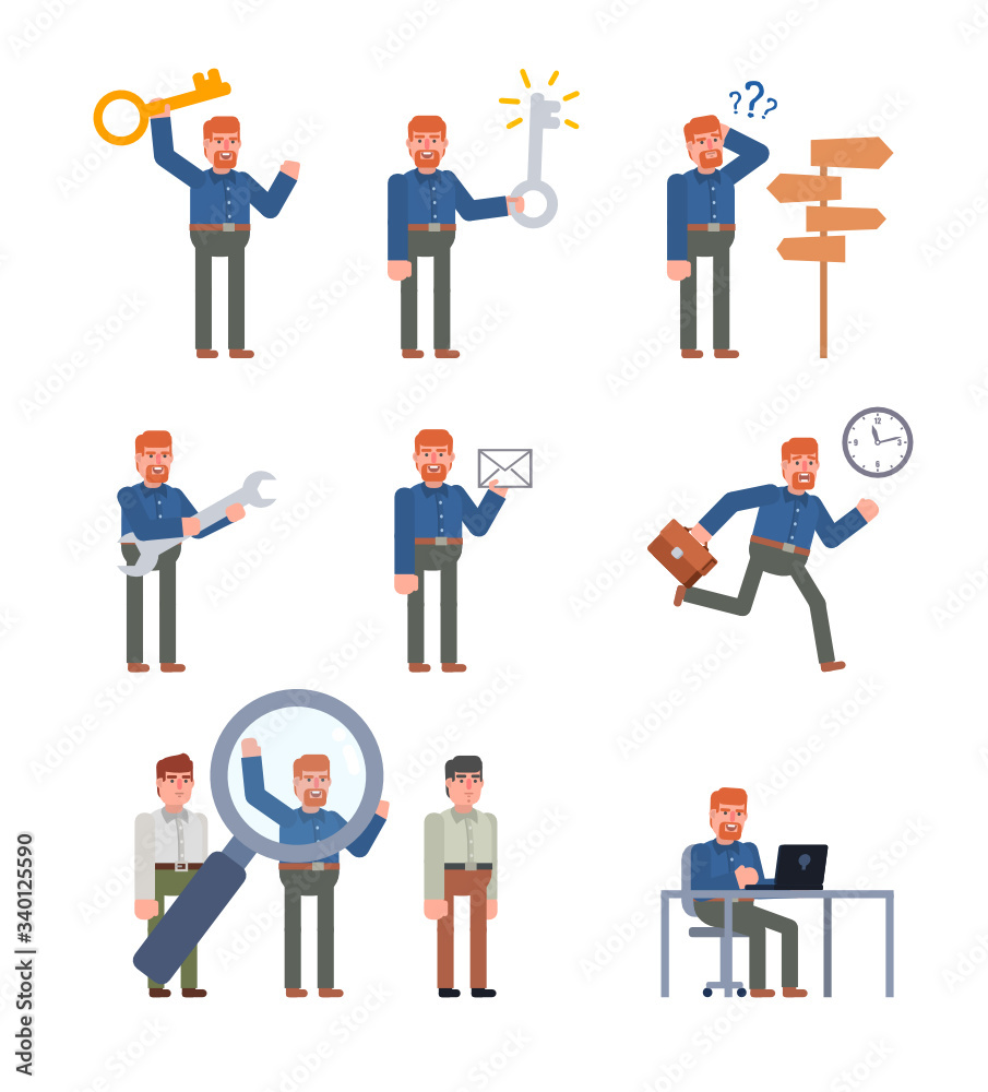 Ginger haired man showing various actions. Businessman holding holding big key, email or letter, running, thinking and showing other actions. Flat design vector illustration Ginger haired man showing various actions. Businessman holding holding big key, email or letter, running, thinking and showing other actions. Flat design vector illustration