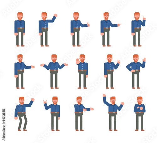 Businessman showing various hand gestures set. Cheerful man pointing, greeting, showing thumb up, victory sign and other gestures. Flat design vector illustration