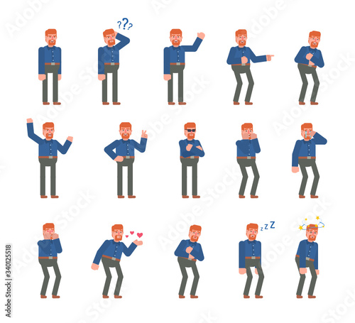 Ginger haired man showing various emotions set. Businessman crying, laughing, tired, suprised and showing other expressions. Flat design vector illustration