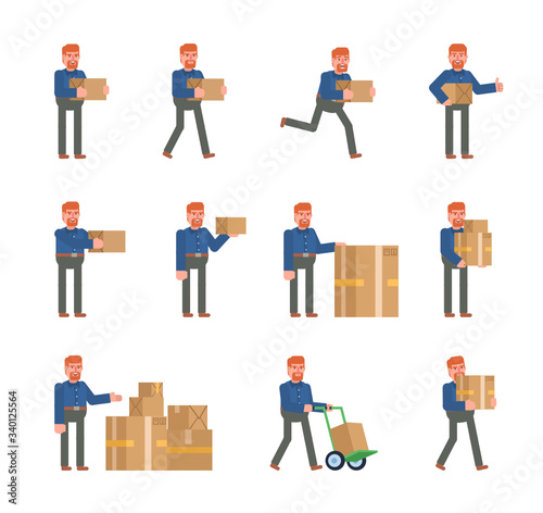 Ginger haired man posing with parcel box. Delivery service courier holding parcel box, running, walking and showing other actions. Flat design vector illustration