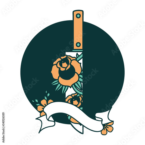icon with banner of a dagger and flowers