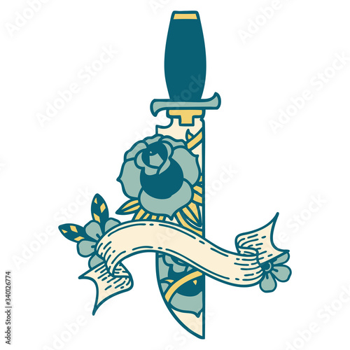 tattoo with banner of a dagger and flowers