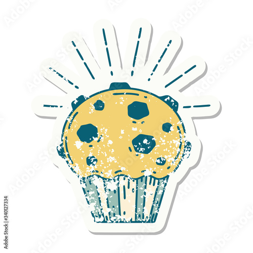 grunge sticker of tattoo style chocolate muffin