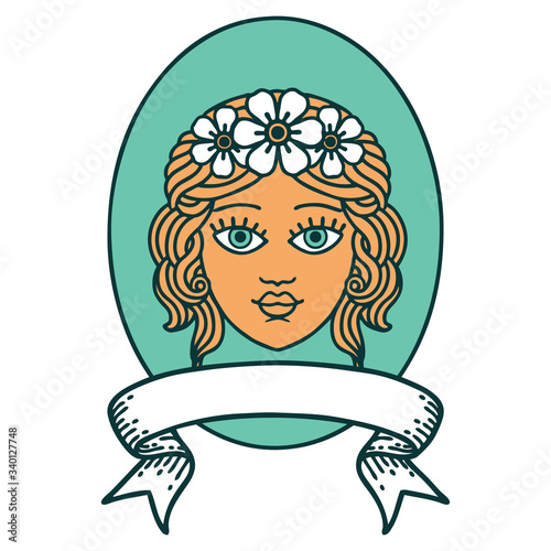 tattoo with banner of a maiden with crown of flowers