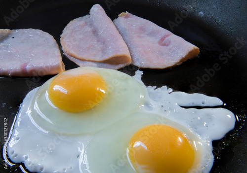 Preparation of over-easy eggs and ham, on a skillet, as part of classic breakfast. Cooking eggs on a pan concept. photo