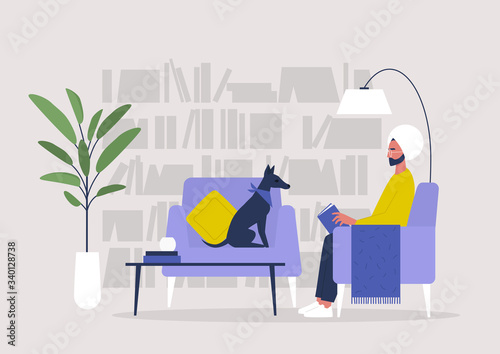 Young indian male character reading a book in a home library, lifestyle illustration